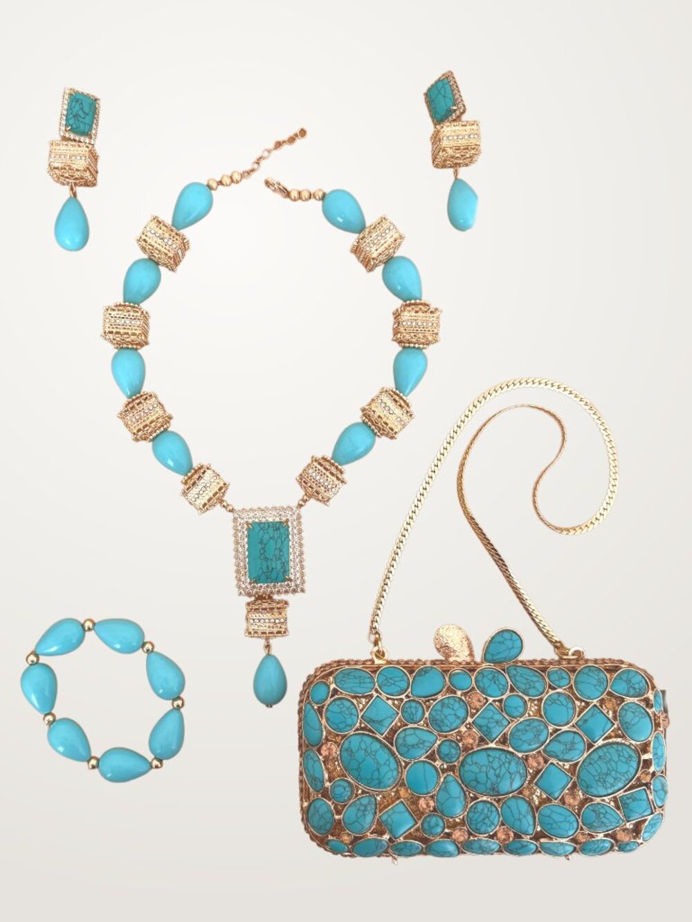 Turquoise & Gold Tone Statement Jewelry Necklace, Earrings, Bracelet, Clutch Set